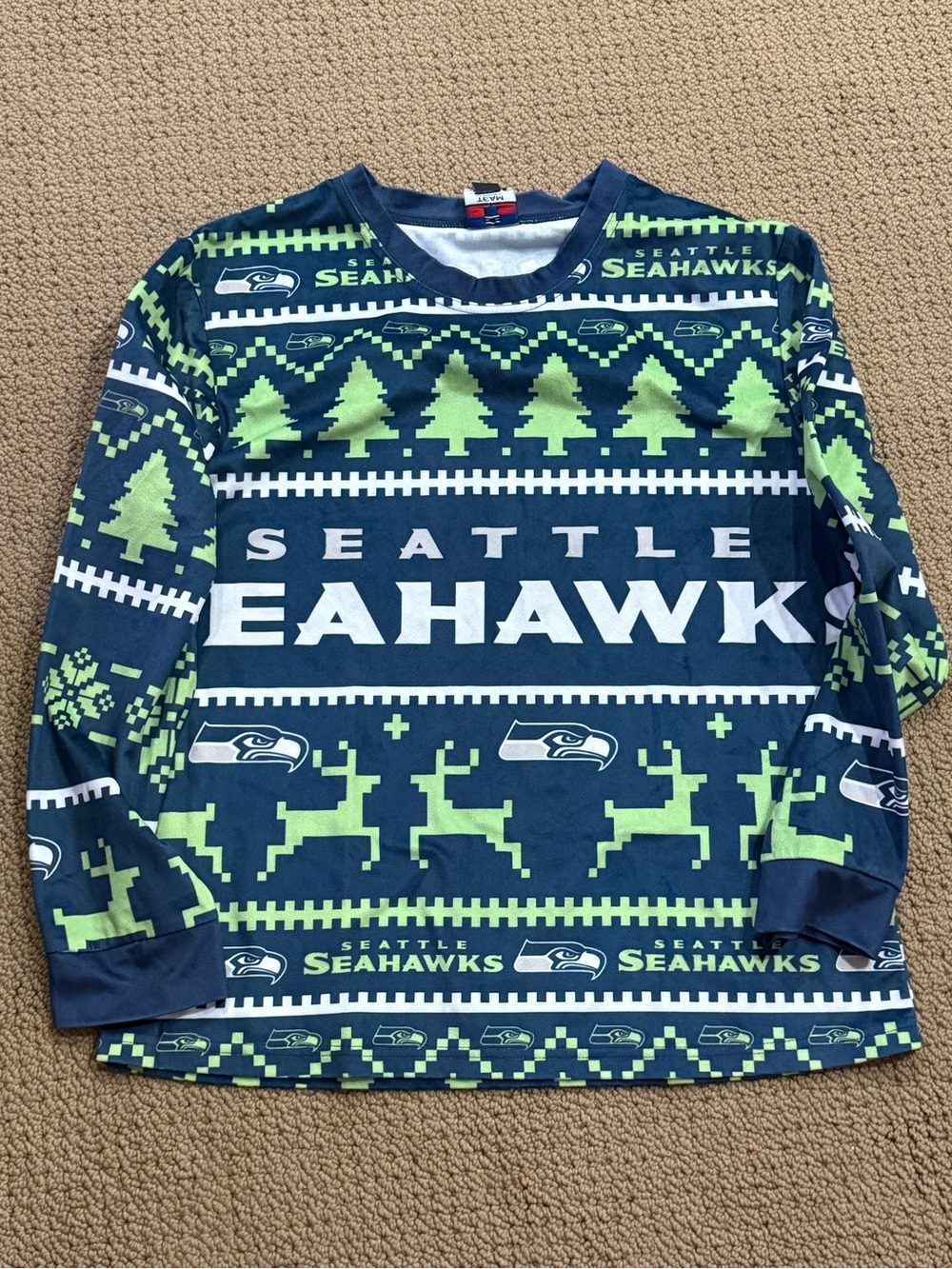Seattle Seahawks Navy & Lime Holiday Sweater pj set L